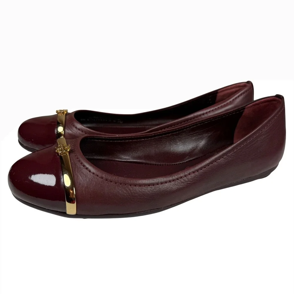 TORY BURCH Burgundy Leather Patent Cap Toe Gold Logo Ballet Flats Size 7M